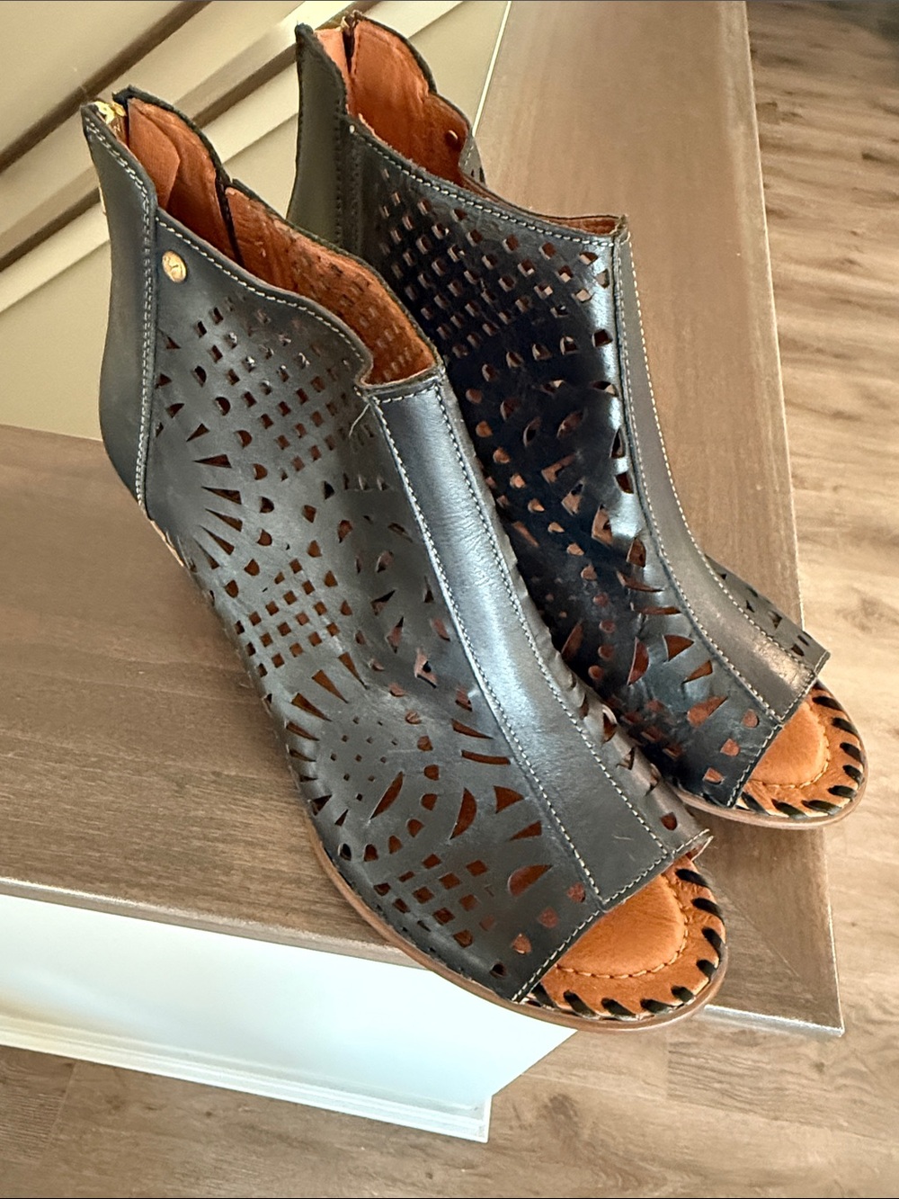PIKOLINOS Black Laser-Cut Peep-Toe Heeled Booties